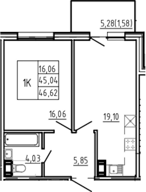 1-комнатная квартира 46.62 м², 2/5 эт., Комплекс апартаментов «Bereg. Курортный»